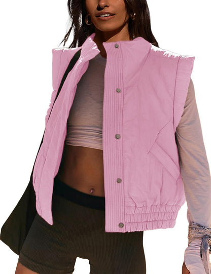 Lviefent Womens Puffer Vest Cropped Lightweight Button Down Quilted Vest Sleeveless Padded Gilet Coat with Pockets (Pink-M)