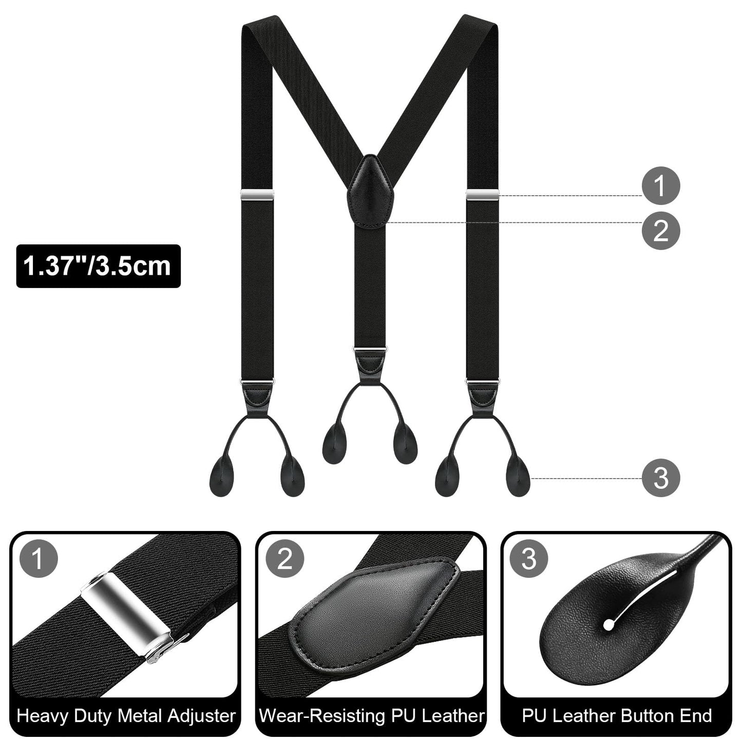 Button Suspenders for Men Y-Back 1.4 Inches Wide Leather Button End Elastic Adjustable Suspenders for Men Tuxedo Black Braces