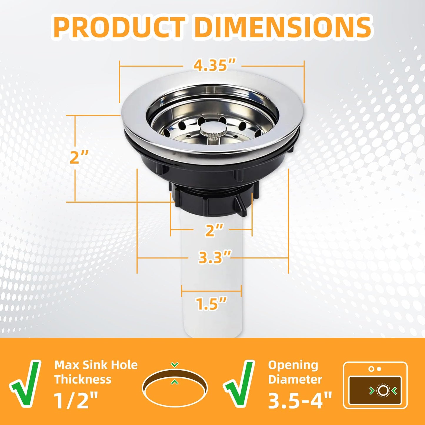 Kitchen Sink Drain Assembly, Stainless Steel Basket Strainer with Knob, 3-1/2 Inch Sink Drain Stopper Plug, Threaded Plastic Sink Strainer Tailpiece 1-1/2 in
