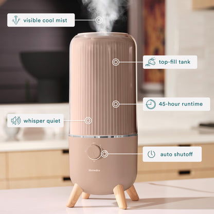 Homedics Ultrasonic Humidifier, Bedrooms and Home Offices, 0.97-Gallon Tank, 45-Hour Runtime, Visible Ultra-Quiet Cool Mist, Aromatherapy, Demineralization Cartridge, Night-Light, Auto-Off, White