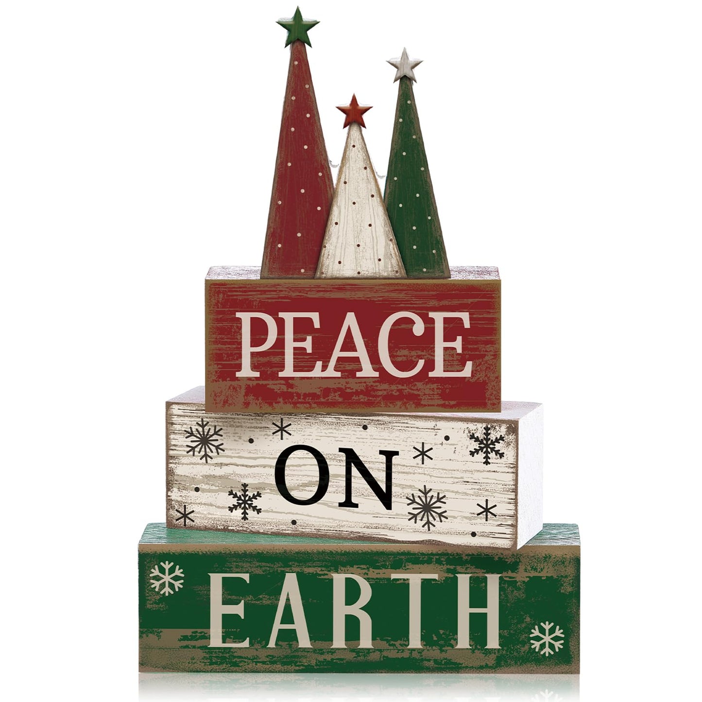 Lineshading 4 Pcs Christmas Table Decoration Wooden Christmas Tree Sign Winter Tiered Tray Decor Decorative Red Green and White Tree Block Signs Xmas Table Centerpiece Farmhouse Decor for Home Kitchen