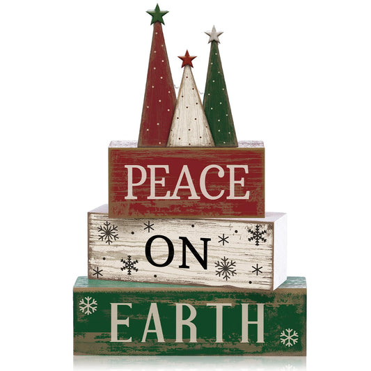 Lineshading 4 Pcs Christmas Table Decoration Wooden Christmas Tree Sign Winter Tiered Tray Decor Decorative Red Green and White Tree Block Signs Xmas Table Centerpiece Farmhouse Decor for Home Kitchen