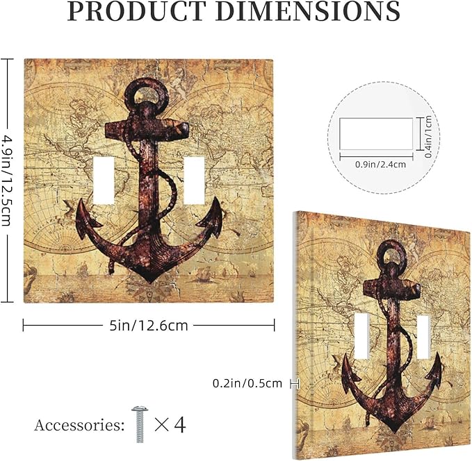 Anchor Nautical Vintage Map 2 Gang Light Switch Plate Cover Double Toggle Wall Plate Decorative Switchplate Electrical Faceplate for Office Livingroom Home Decor