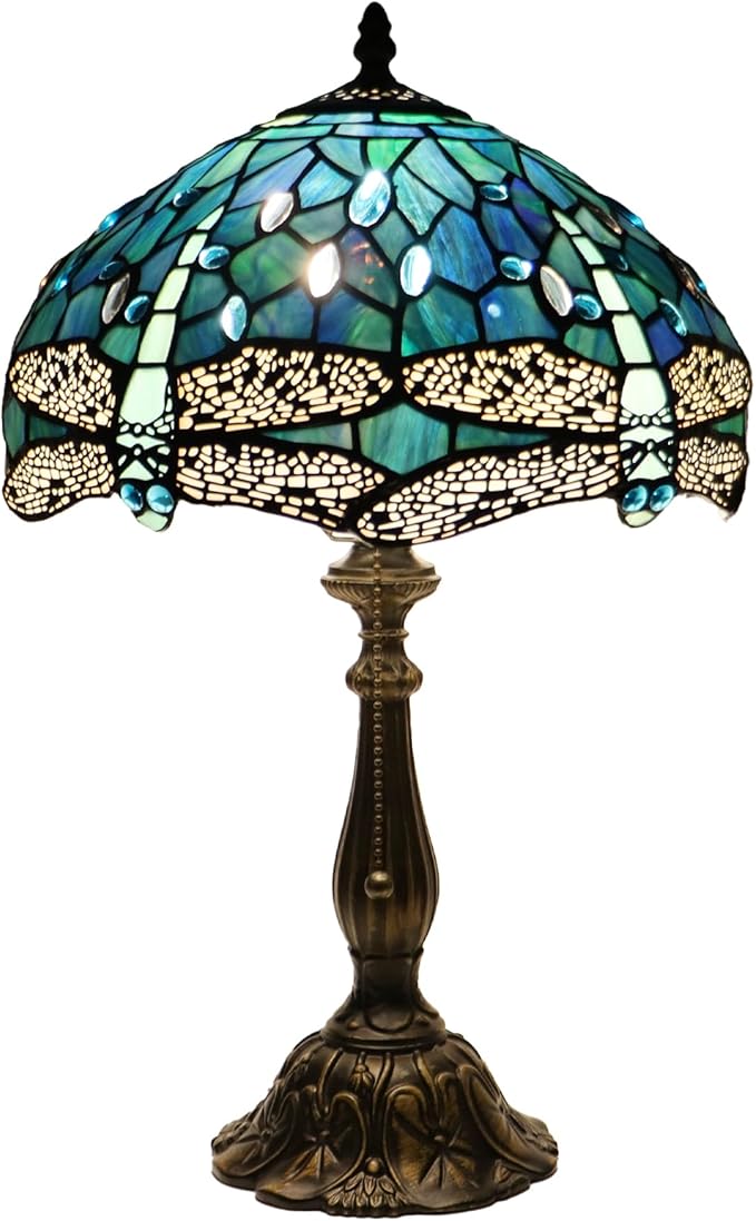 Tiffany Lamp Stained Glass Table Lamp Bedside Reading Light W12H19 Inches (Sea Blue Dragonfly Style)