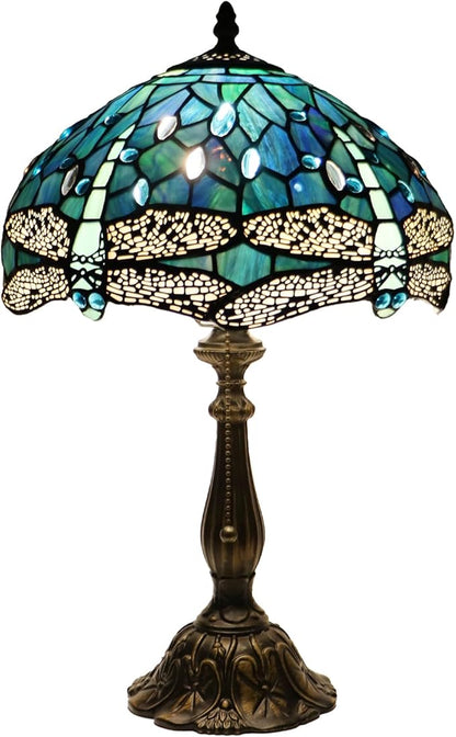 Tiffany Lamp Stained Glass Table Lamp Bedside Reading Light W12H19 Inches (Sea Blue Dragonfly Style)