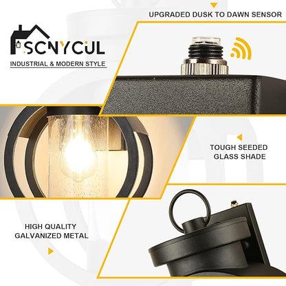 Dusk to Dawn Sensor Industrial Outdoor Wall Sconce Modern Exterior Wall Mounted Light Fixture Waterproof Outdoor Wall Lantern, Matte Black Outside Wall Lamp with Seeded Glass for House, Porch, Garage