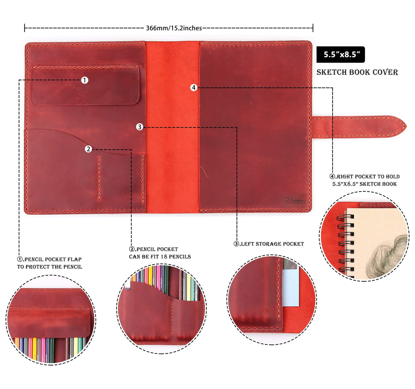 Robrasim Handmade Leather Sketchbook Cover, Leather Artist Sketch Pad Cover for 5.5" x 8.5" Sketchbook, Drawing Book and Pencil Case, Journal Notebook Portfolio, Artis Gifts-Wine