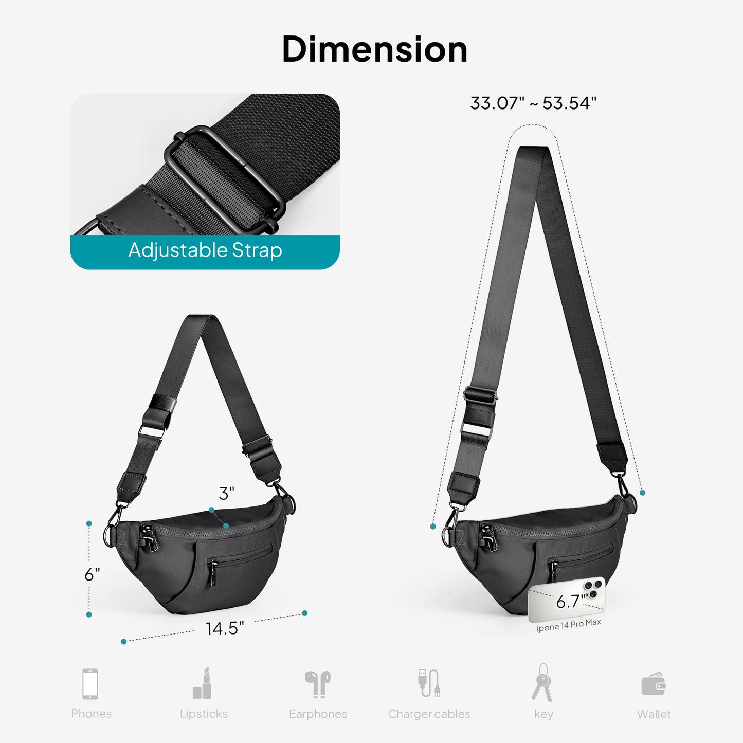 TOPEAST Fanny Pack for Women, Anti-Theft Travel Belt Bag Crossbody Sling Bag Purse with RFID Blocking, Small Fashion Bum Bag with Multiple Pockets for Hiking Walking Sport, Black