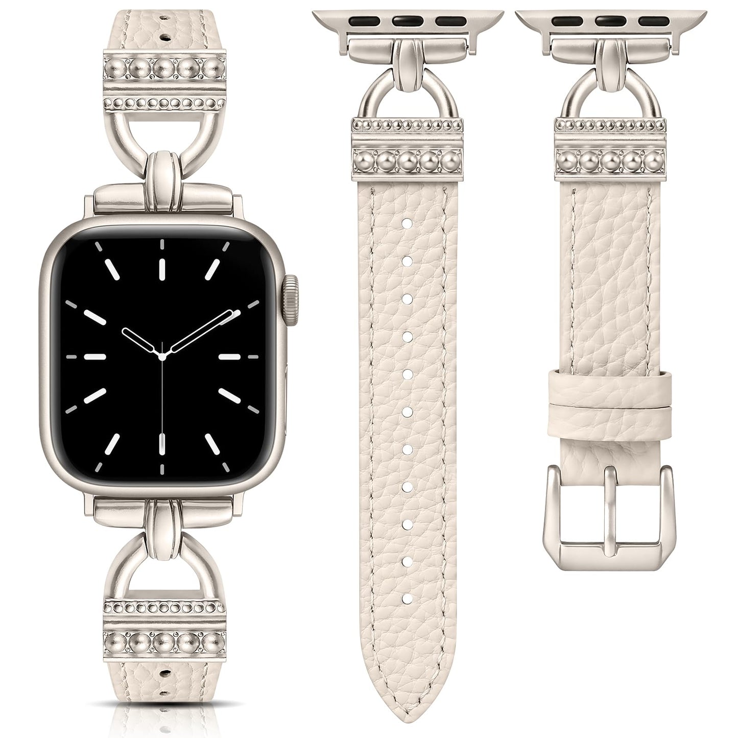 TOYOUTHS Compatible with Apple Watch Band Women Leather 42/41/40/38mm Dressy Thin Leather Strap with Designer D-Shaped Metal Buckle Bracelet for iWatch Series 11/10/9/8/7/6/5/4/3/2/1/SE, Starlight