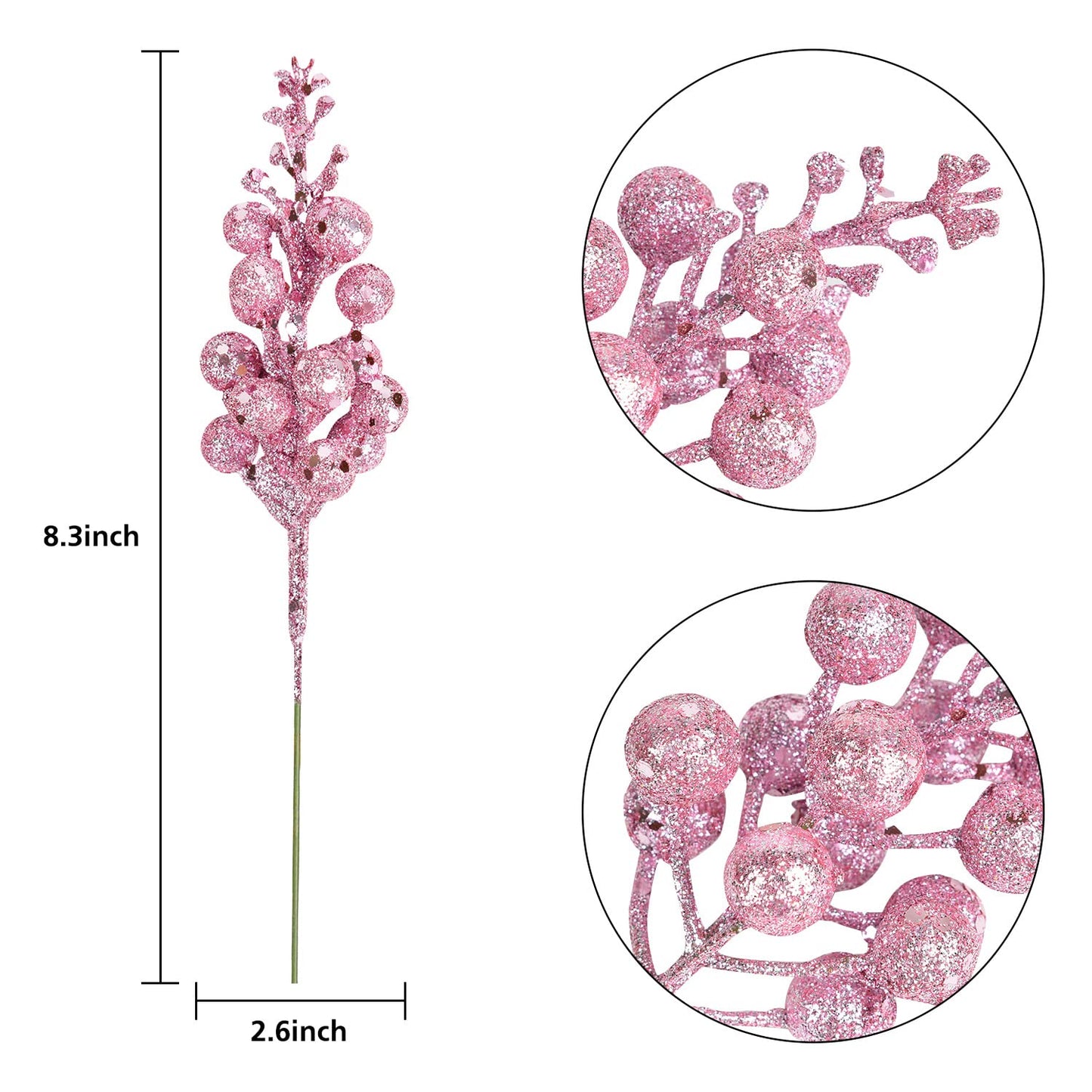 DearHouse 14 Pack Christmas Glitter Berries Stems, 7.8Inch Artificial Christmas Picks for Christmas Tree Ornaments, DIY Xmas Wreath, Crafts, Holiday and Home Decor (Pink)