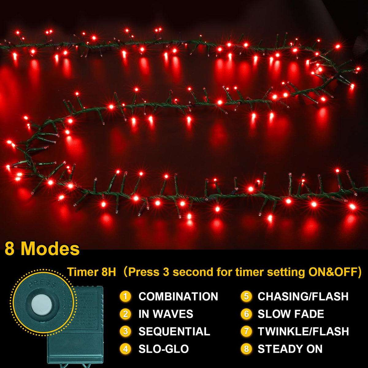 LAMPHOME 500 LED Red String Lights, 46ft 11 Modes Plug in Twinkle Fairy Lights, Waterproof Connectable Cluster Christmas Lights for Christmas Tree, Valentine's Day, Bedroom & Party Decor