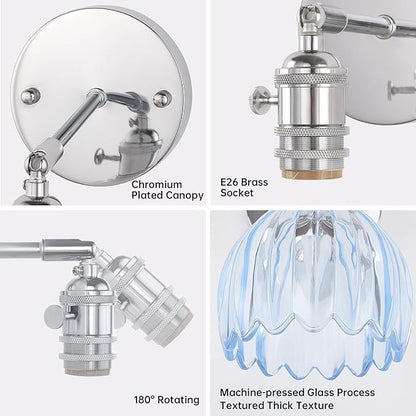 Vintage 5000 mAh Battery Operated Wall Sconce with Clear Light Blue Tulip Glass Lampshade Rechargeable Battery Powered Wall Light with Remote Control for Bedroom Doorway, Set of 2