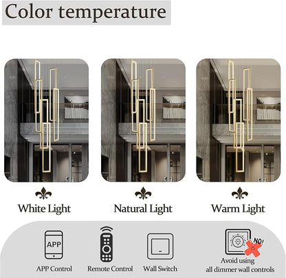 Flashing God Large Modern Chandeliers,Gold Chandelier with 6 Ring Led Foyer Chandeliers,High Ceiling Chandelier for Living Room,Rectangle Pendant Lights for Entryway Staircase LED Dimming 2700k-6001k