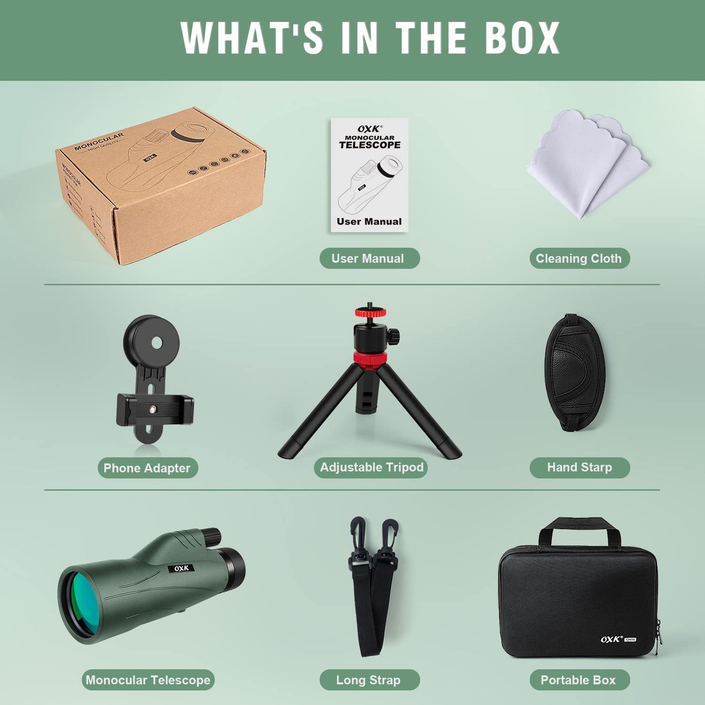 OXK Optics 12x56 High Power Monocular Telescope | Comes with Smartphone Adapter Tripod Travel Bag | Bird Watching Hunting Hiking Camping Gift - Green