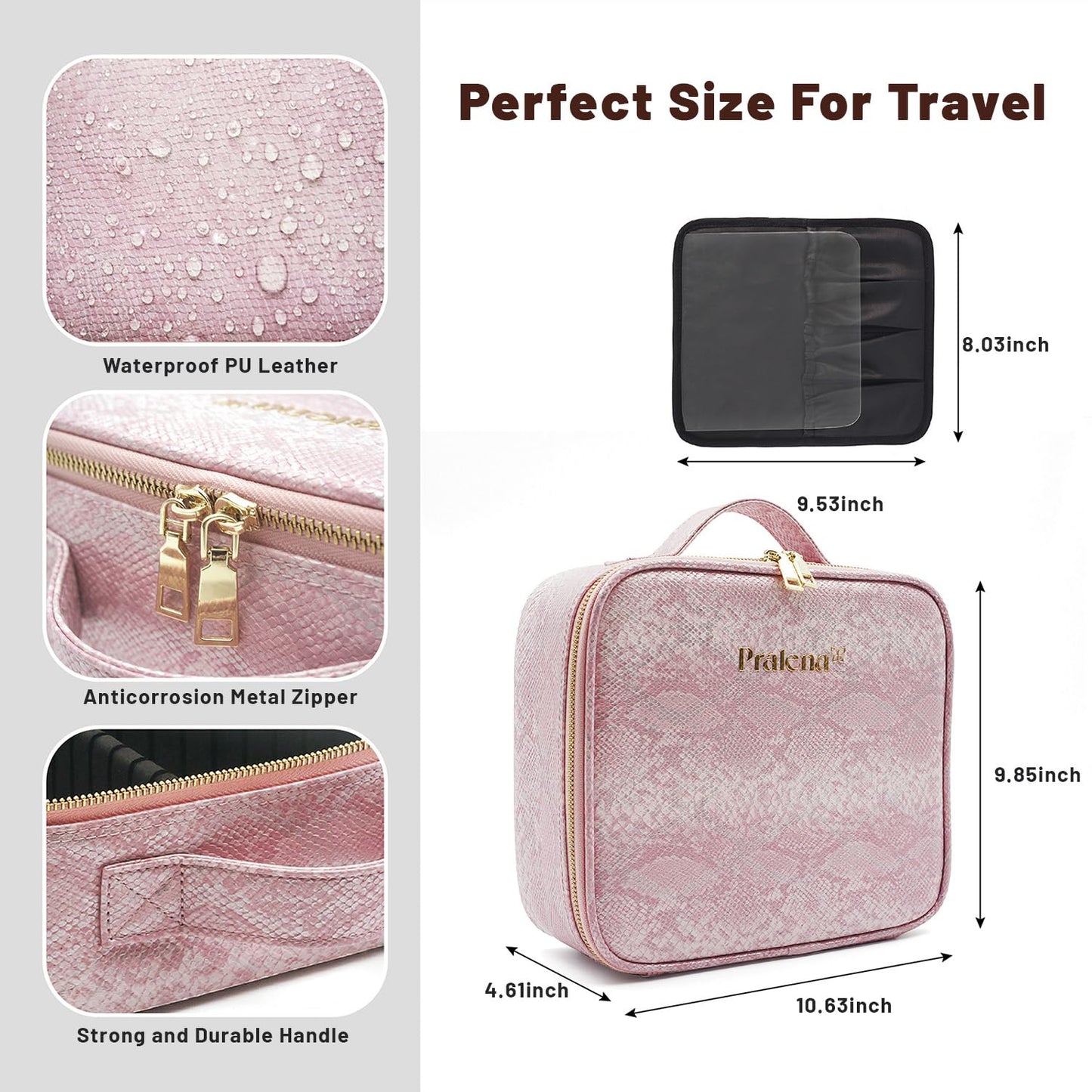 PRALENA Travel Makeup Bag with LED Mirror – 3 Brightness Modes, Portable Lighted Makeup Case with Adjustable Dividers, Cosmetic Organizer Gift for Women (Pink)