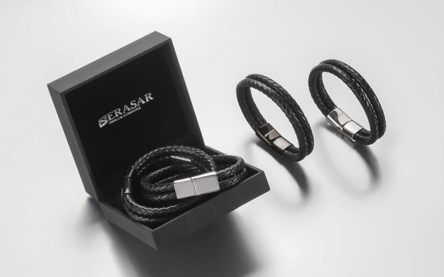 SERASAR 9″ Black Leather Bracelets for Men Mens Cowhide Gift Box Braided Bracelet Stainless Steel Jewelry Wrist Band Cuff Wrap Rope Bangle Dad Man Pulseras para Hombres Cuero Regalo