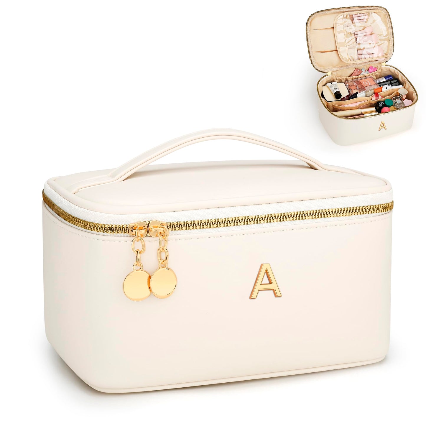 CLOUDWINGS Gifts for Women Travel Makeup Bag Personalized Cosmetic Bag Portable Large Capacity Toiletry Bag(Beige-A)