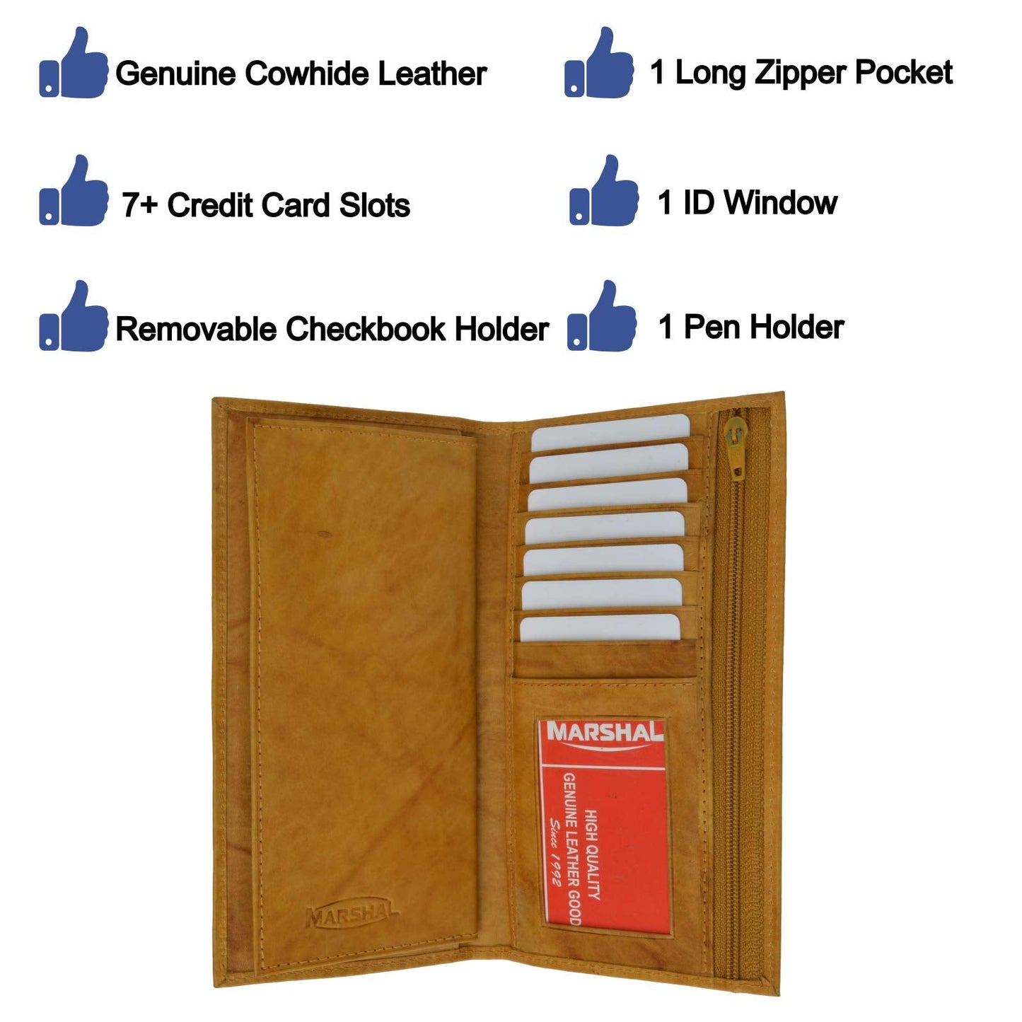 MARSHAL Genuine Leather Checkbook Cover Wallet Organizer with Credit Card Holder (Tan)