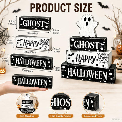 4 Pcs Ghost Halloween Decor Rustic Black and White Polka Dot Wooden Tiered Tray Block Signs Farmhouse Spooky Halloween Table Centerpiece Decor for Home Kitchen Shelf Coffee Bar