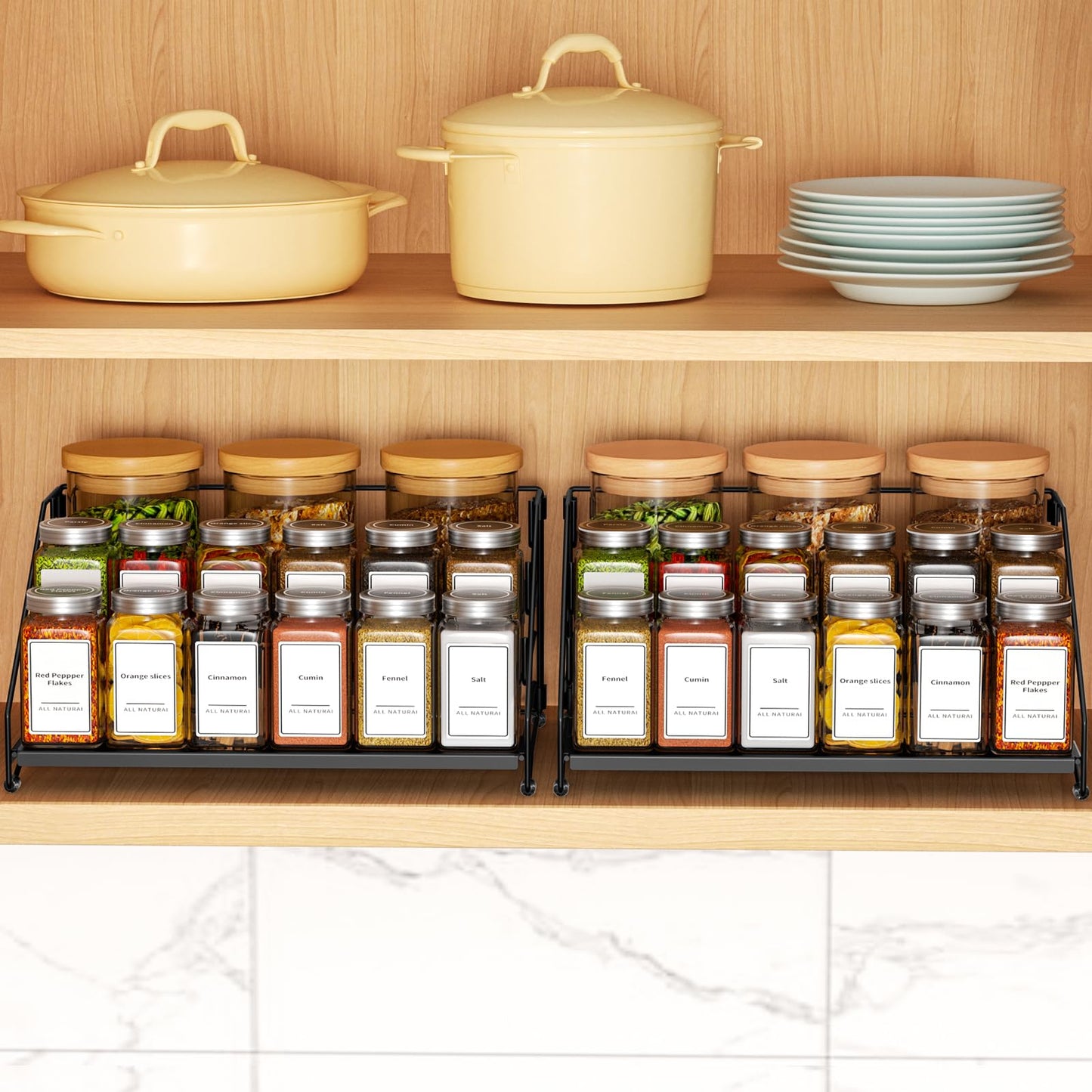 4 Tier Spice Rack for Cabinet, Spice Rack Organizer, Depth Adjustable Spice Holder for Countertop, Cupboard, Pantry, Seasoning Shelf, Metal, Black (1 Pack)