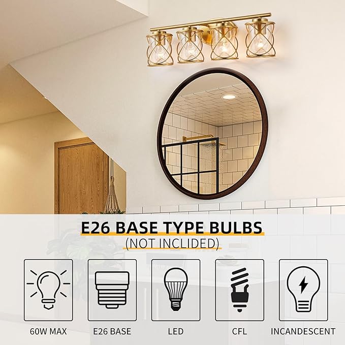 mavcadonf Bathroom Vanity Light Fixtures Over Mirror, 4 Lights Modern Bathroom Wall Lamp for Mirror Kitchen Living Room Hallway Cabinet Porch, Farmhouse Wall Lights with Cage Shade, Brushed Gold