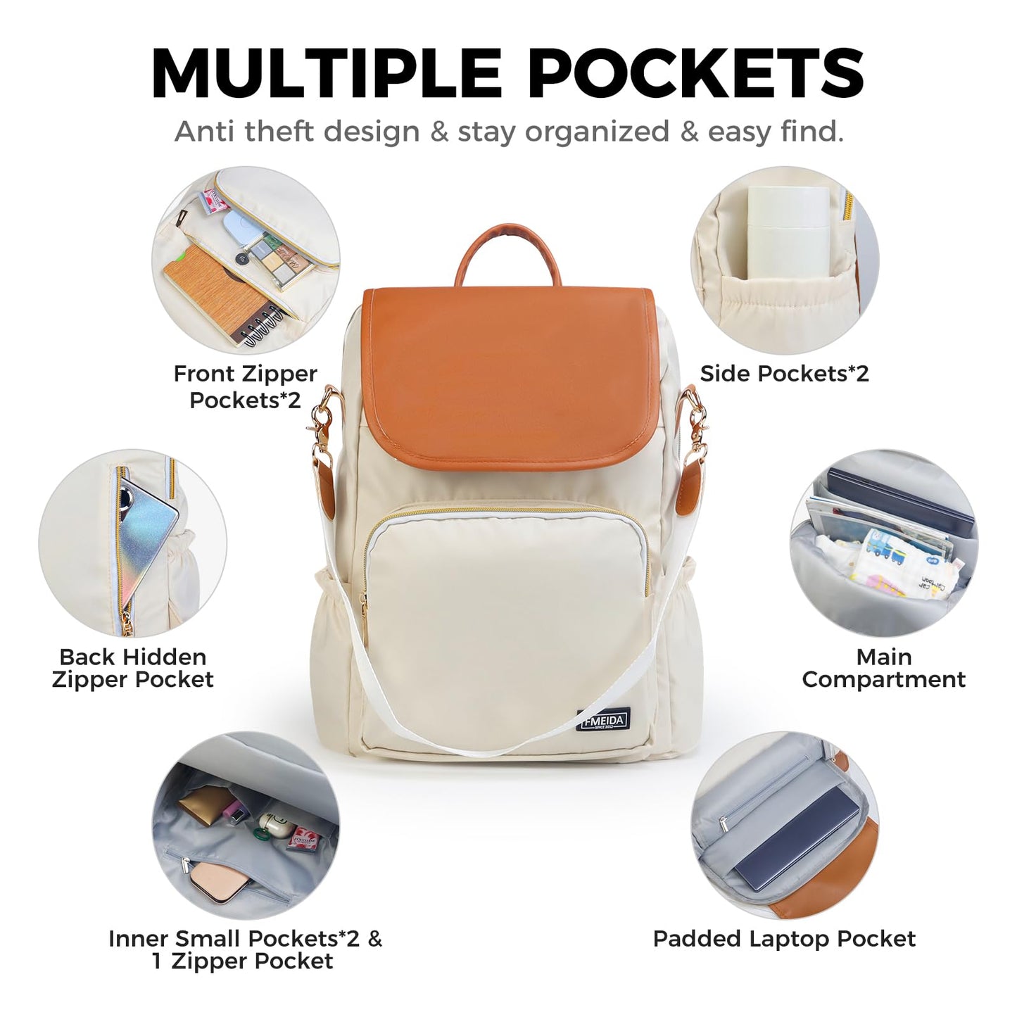Fmeida Anti-Theft Backpack for Women Convertible Backpack Purse- 3-in-1 Laptop Bookbag for Work College, Cream