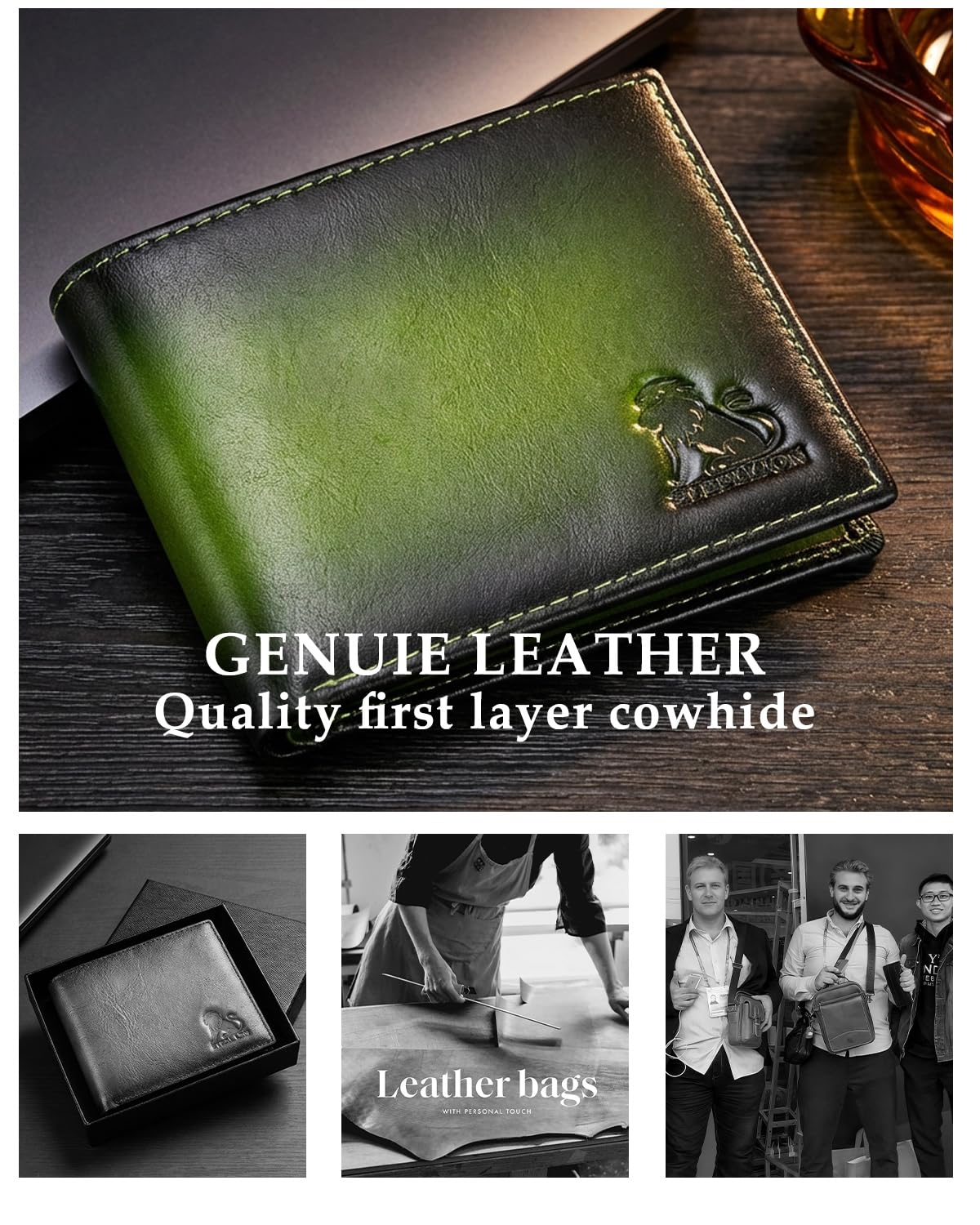STEELLION Leather Wallets for Men, Cowhide Mens Bifold Wallet RFID Blocking with 2 ID Windows, Zipper Pocket (Green)
