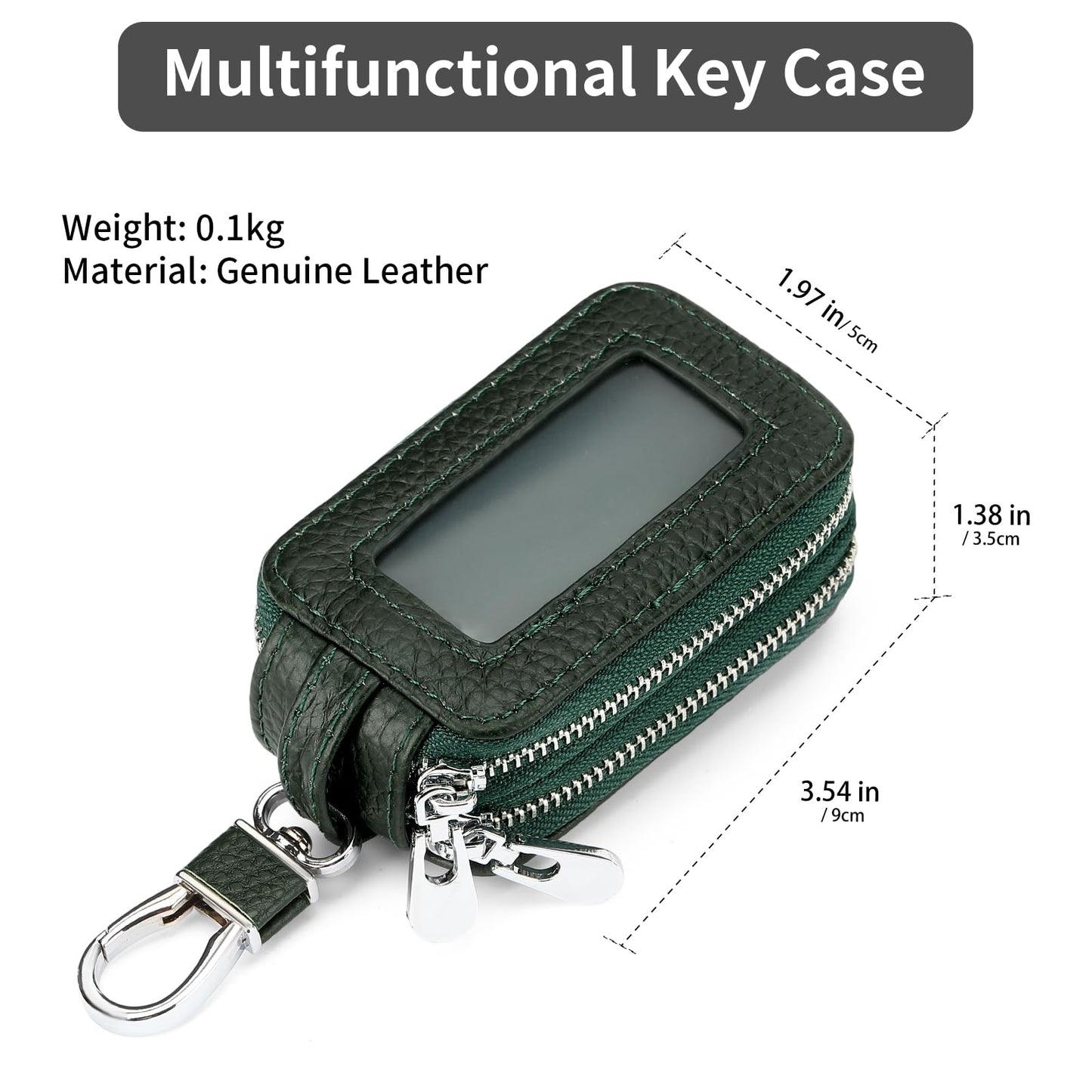 SENDEFN Car Key Fob Case Double Zipper Leather Smart Remote Keychain Protector Holder with Transparent Window