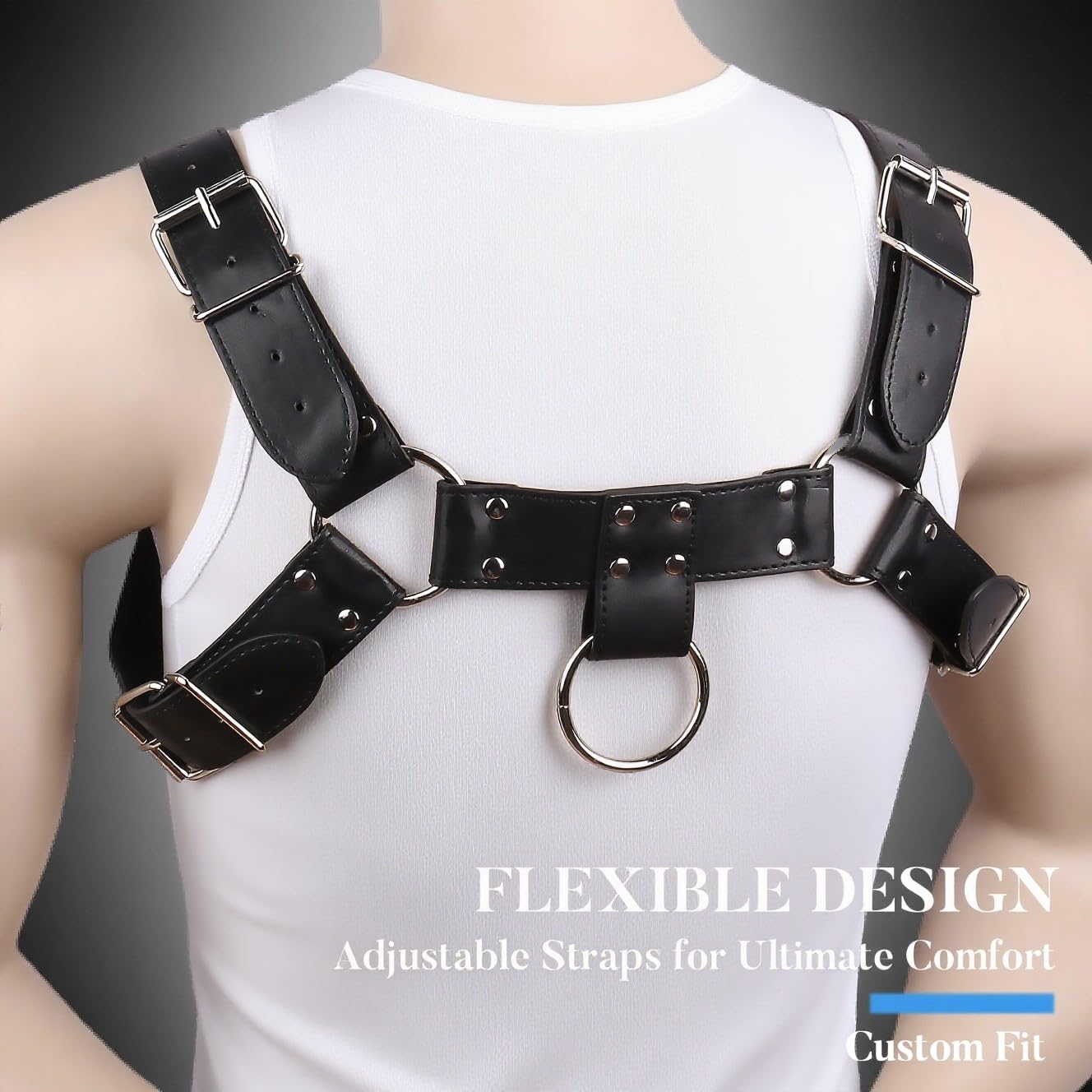 RTeczSolve Men's Chest Harness Belt, Body Harness for Men, Adjustable PU Leather Male Punk Chest Belt Shoulder Harness Muscle Show Fashion Costumes for Cosplay and Party