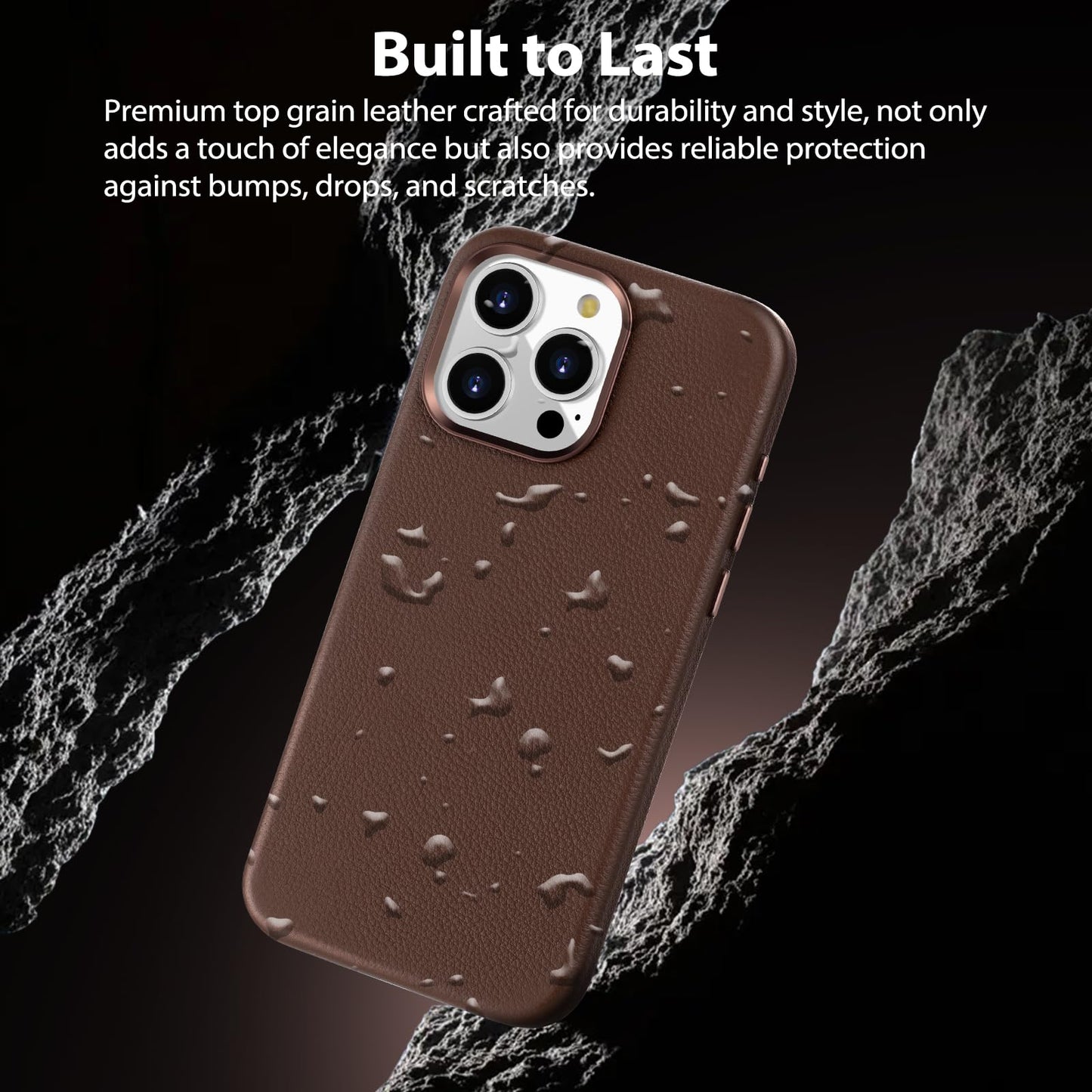 Belemay Compatible with iPhone 15 Pro Max Leather Case, Compatible with MagSafe - Luxury Tumbled Leather - Metal Buttons & Lens Protector - Slim Fit&Durable - Distinctive Texture (6.7-inch) - Brown