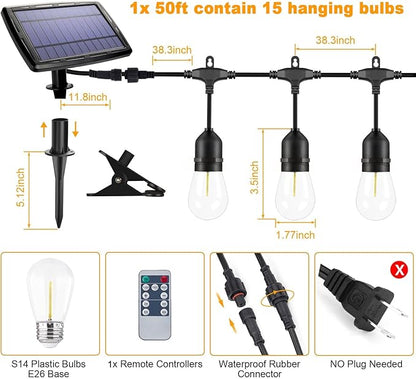 50FT Solar String Lights Outdoor with Remote, 15 Shatterproof Edison LED Bulbs, Dimmable Waterproof Color Changing Patio Lights for Garden, Backyard, Camping