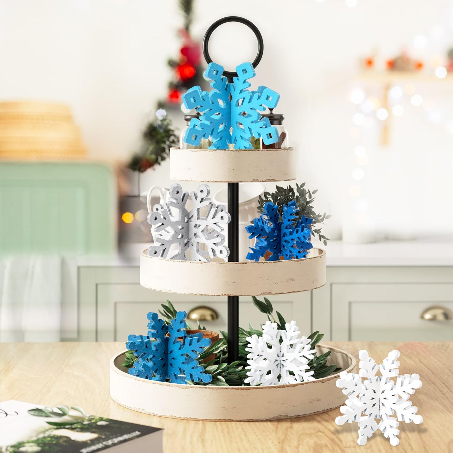 OuMuaMua 6 Set Snowflake Christmas Table Decorations - 12pcs Blue White Glitter Wooden 3D Snowflake Decor Tabletop Centerpiece for Christmas Party Supplies Home Decor