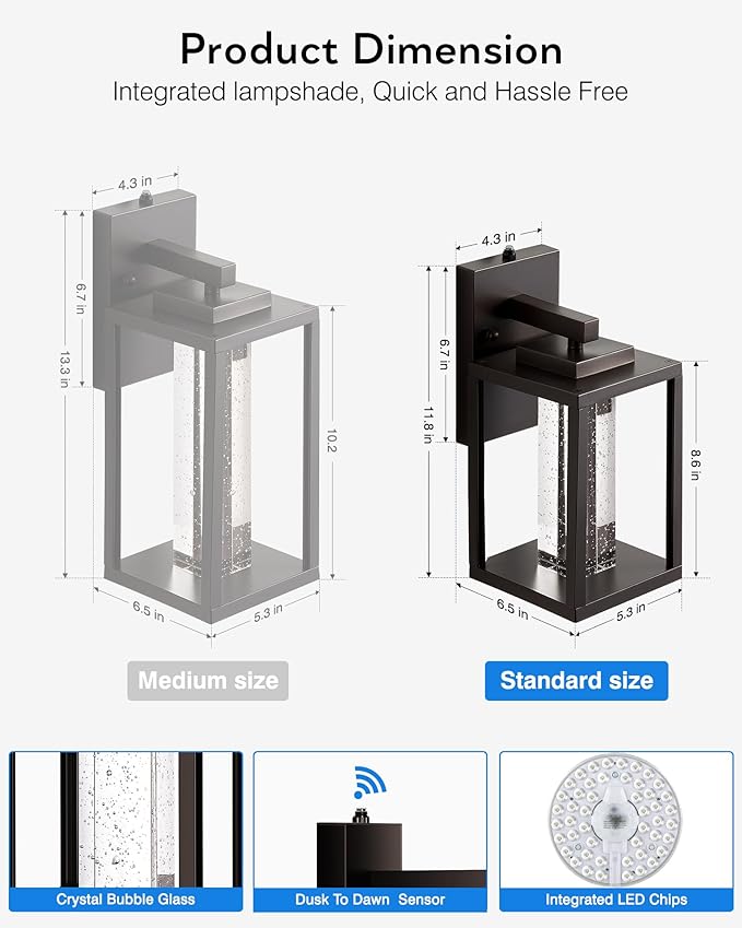 VIANIS 2 Pack Porch Lights Outdoor, Oil Rubbed Bronze Dawn to Dusk Exterior Lighting Fixtures for House, Farmhouse Outside Garage Lights Wall Mount Built-in LED Outdoor Wall Sconces Lantern, Anti-Rust