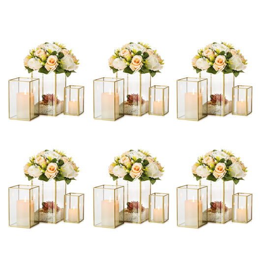 Hewory Glass Hurricane Candle Holder: Gold Hurricane Candle Holders with Metal Frame Square Set of 18, Clear Candle Holder for Table Centerpiece Wedding Christmas Engagement Birthday Party Decorations