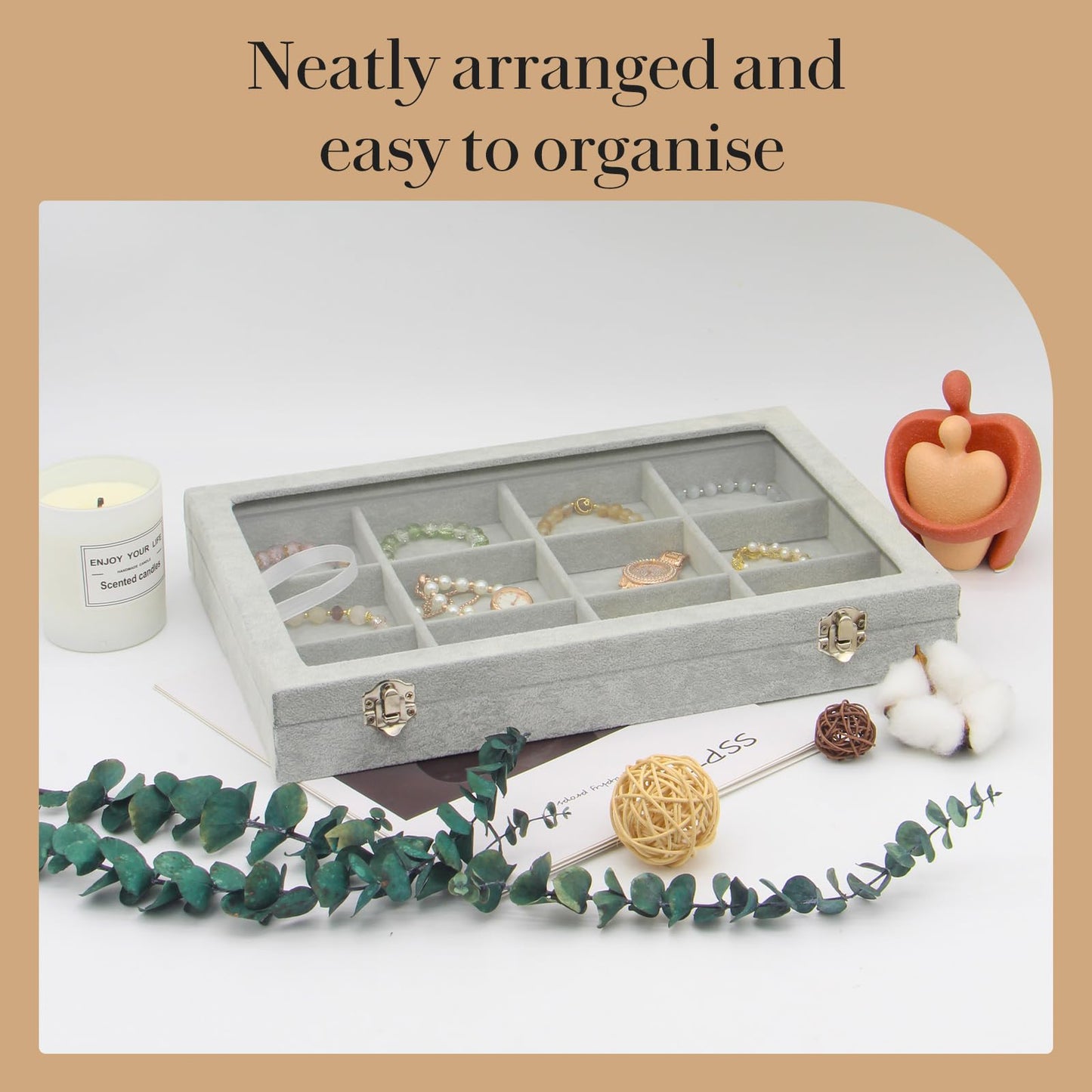 KOOAAICCHI Jewelry Organizer Bracelet Organizer Storage Box 12 Grid Stackable Jewelry Tray with Lid Velvet Jewelry Box Case Organizer for Home Drawer Desk or Store Selling Show(Velvet Grey)
