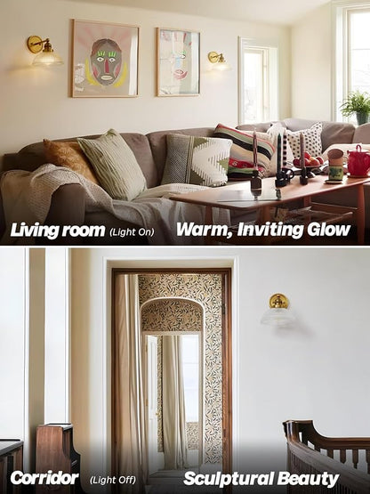 Gold Wall Sconce,Vintage Bathroom Vanity Light with Clear Glass Brass Bathroom Sconces Wall Lighting for Living Room Bedroom Hallway Stairway E26 Hardwire Indoor
