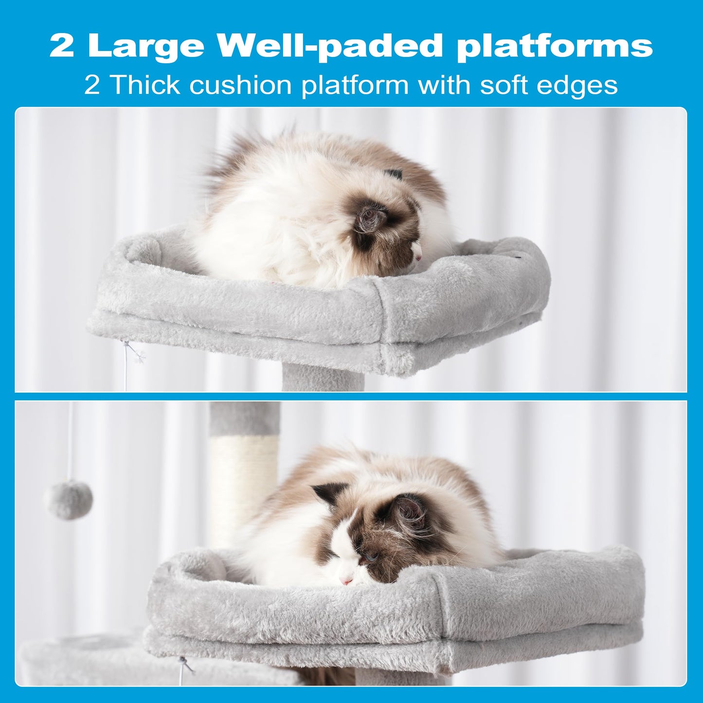 Hey-brother Large Multi-Level Cat Tree Condo Furniture with Sisal-Covered Scratching Posts, 2 Bigger Plush Condos, Perch Hammock for Kittens, Cats and Pets Light Gray MPJ020W
