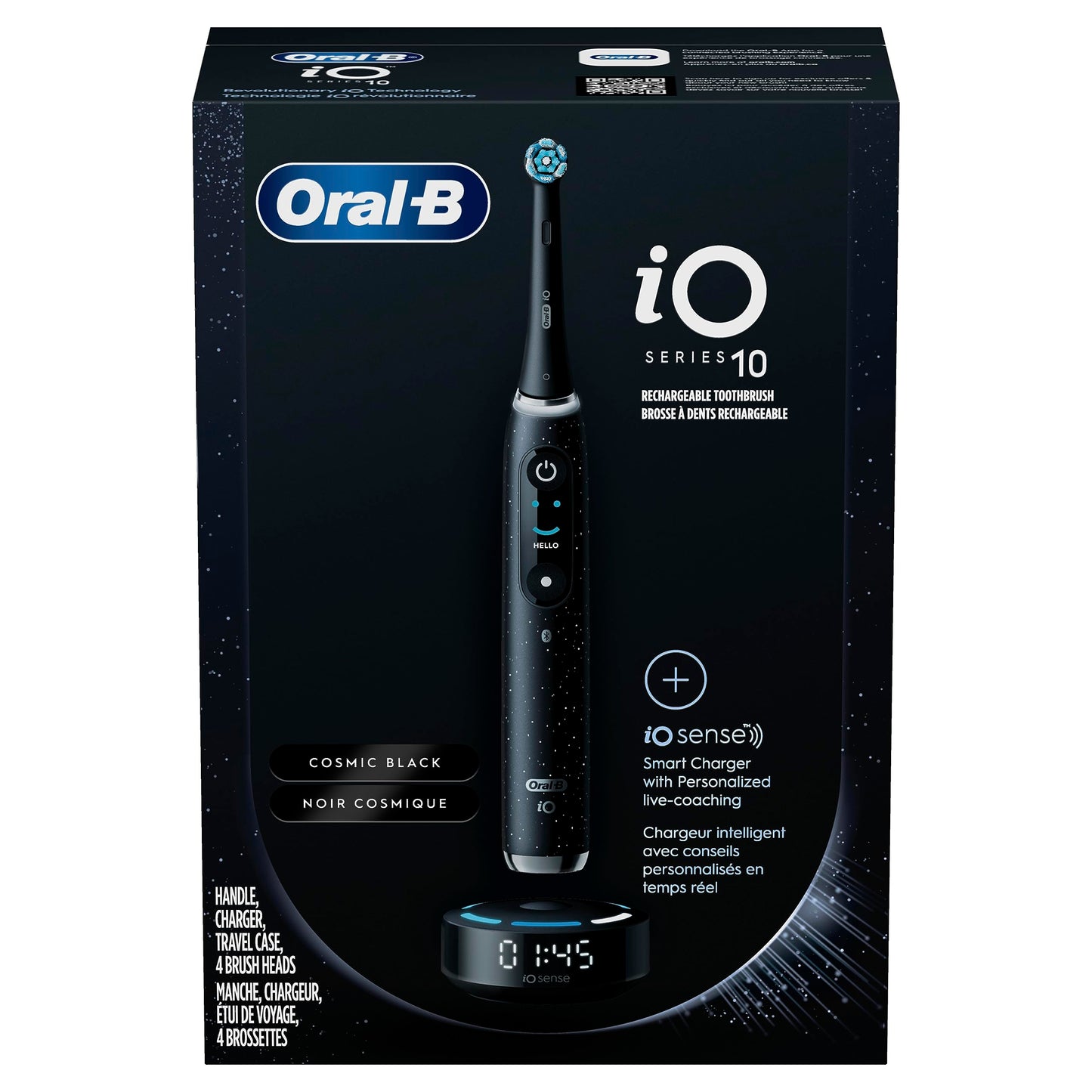 Oral-B iO Series 10 Rechargeable Electric Toothbrush with Visible Pressure Sensor to Protect Gums, 2 Min Timer, 7 Cleaning Settings, 4 Replacement Toothbrush Heads, and Charging Travel Case, Black