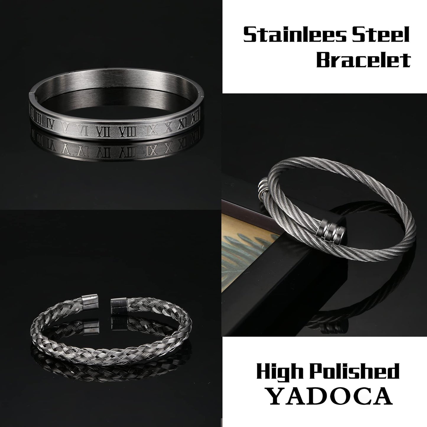 YADOCA 3Pcs Stainless Steel Bracelets for Men Roman Numeral Bangle Bracelet Adjustable Cuff Bracelet Twisted Cable Bracelet Mens Luxury Bracelets Jewelry Gifts Gold/Silver/Black