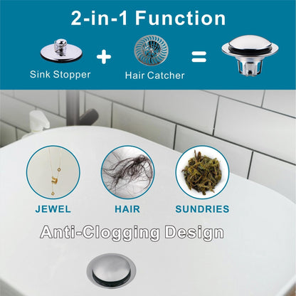 Chrome Bathroom Sink Drain Stopper,Welsan Universal Pop-Up Drain Stopper Plug Strainer with Hair Catcher for 1 1/8"-1 1/2" Drain Hole,Anti-Clogging Design Chrome Plated