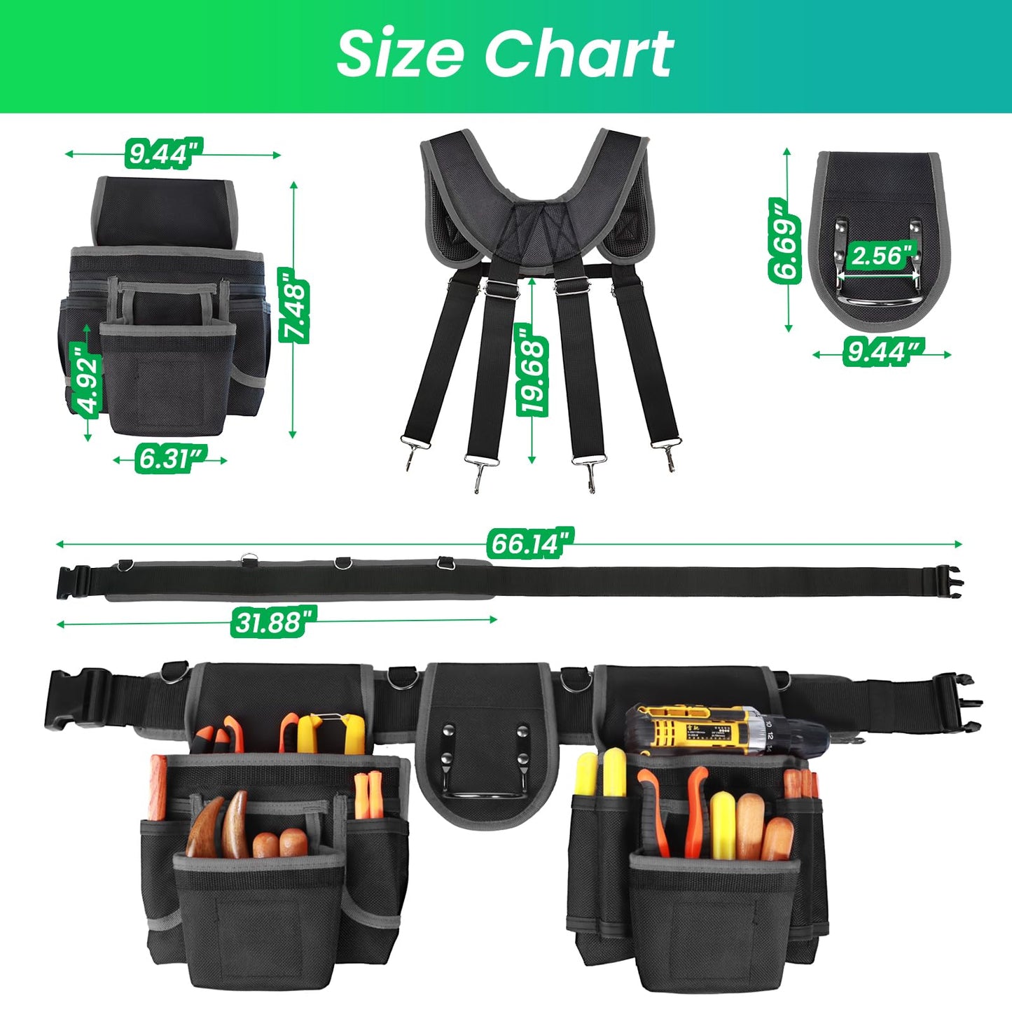 FamilyKit Tool Belt With Suspenders - Magnetic Heavy Duty Tool Belts with 18 Pockets, Tool Pouch with Detachable & Adjustable 32"-66" Waist for Electricians, Carpenters, Framers, Construction,Black