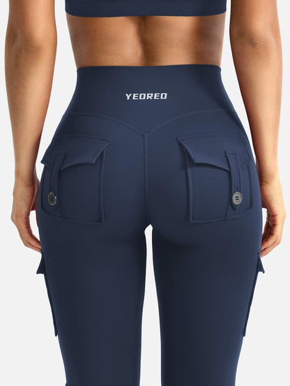 YEOREO CoreFlex Women Workout Flare Leggings with Pockets Hidden Scrunch Cargo Gym Yoga No Front Seam Leggings Blue Navy L