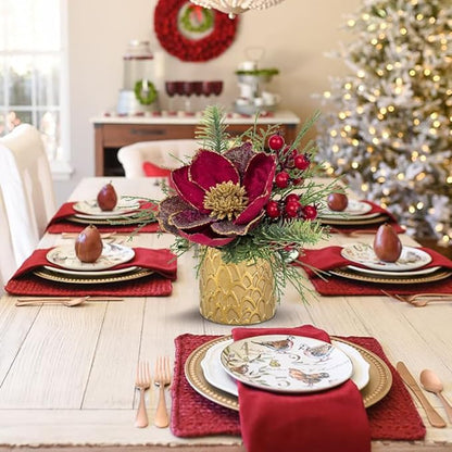 9 inch Red Christmas Table Centerpiece 5" Glitter Magnolia Flower and Red Berries Fir Greenery Artificial Christmas Floral Centerpiece in Golden Ceramic Pot Christmas Tabletop Arrangement Decor