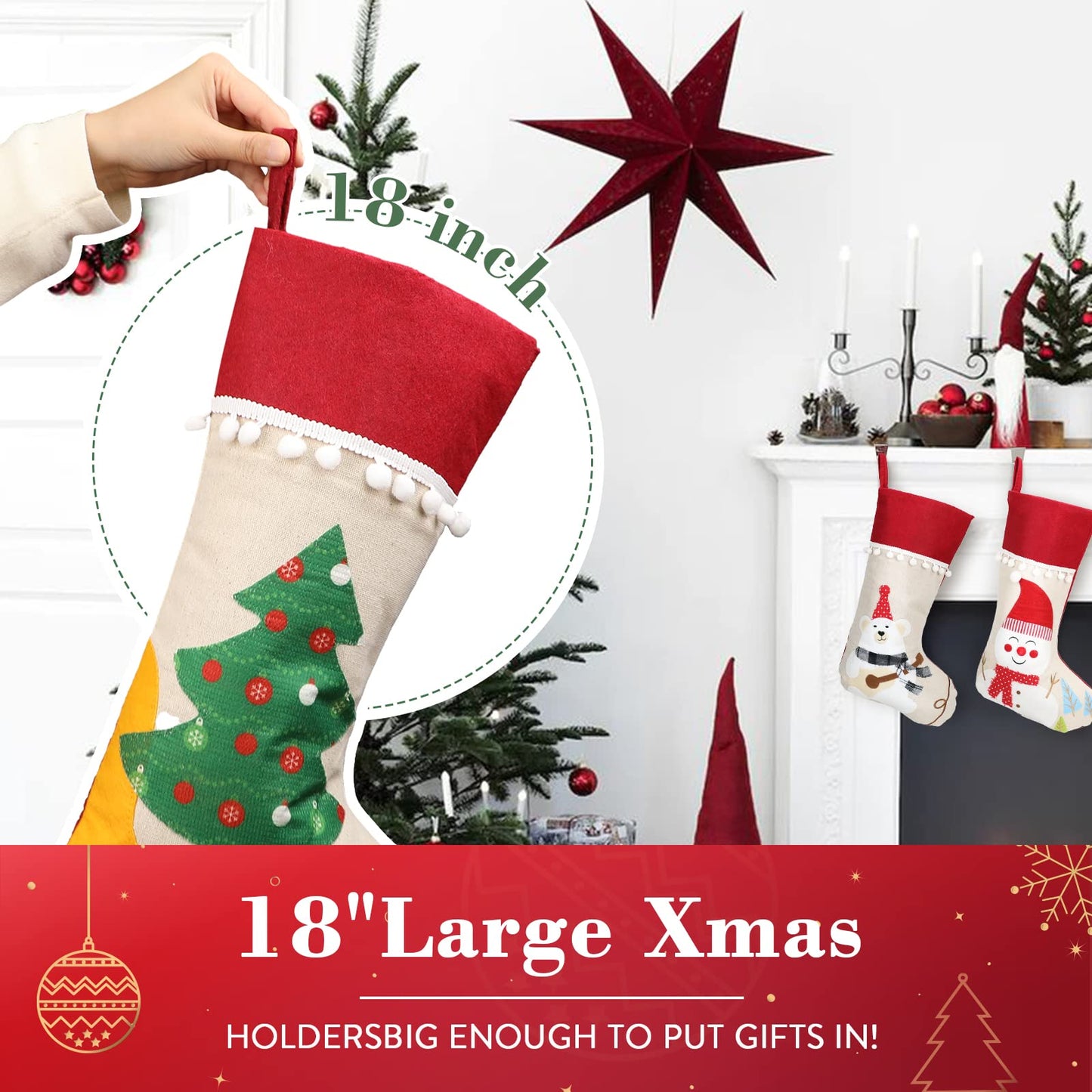 AUTGA Christmas Stockings 4 Pack, 18'' Large Xmas Stockings with Santa Snowman Gnomes Pattern, Christmas Stockings for Family Stairs Fireplace Tree Hanging Home Decorations Party Season Decor