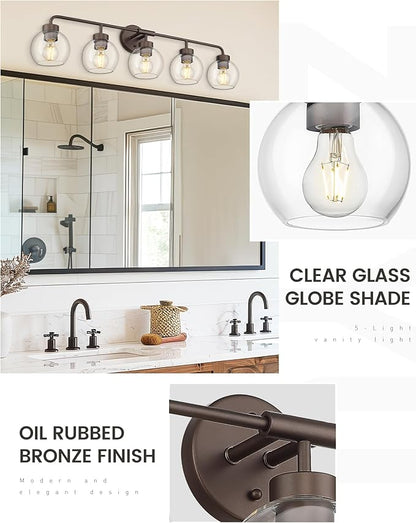 zeyu 5-Light Modern Vanity Light Fixture, 38.5 Inch Bathroom Light Fixtures Wall Mount with Clear Glass Globe Shade, Oil Rubbed Bronze Finish, ZS62BG-5W ORB