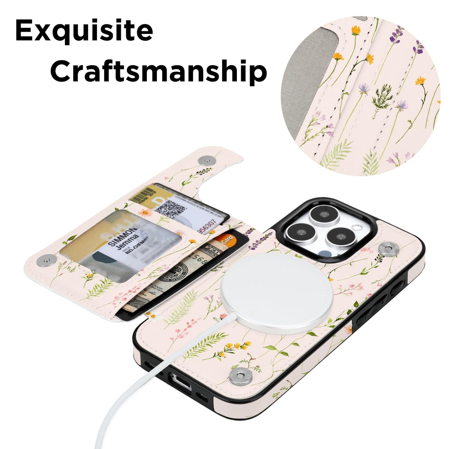 uCOLOR for iPhone 16 Pro 6.3" Wallet Case Magsafe with Card Holder Slot【Compatible with MagSafe】 Folio Flip PU Leather Design with Camera Lens Protector (Nude Wild Flower)