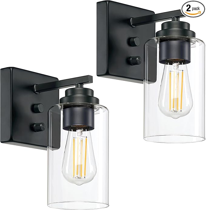Wall Sconces Set of Two, Wall Mounted Bedside Lamps with Rotary Switch, Matte Black Sconces Wall Lighting, Bathroom Light Fixtures with Clear Glass Shade, Wall Lights for Bedroom Living Room