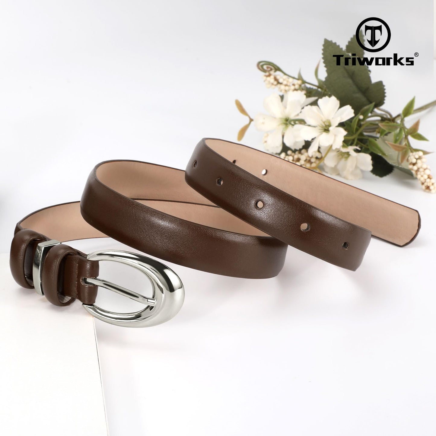 TRIWORKS 3 Pack Women Leather Belt for Jeans Pants Fashion Ladies Faux Leather Belt with Silver Buckle