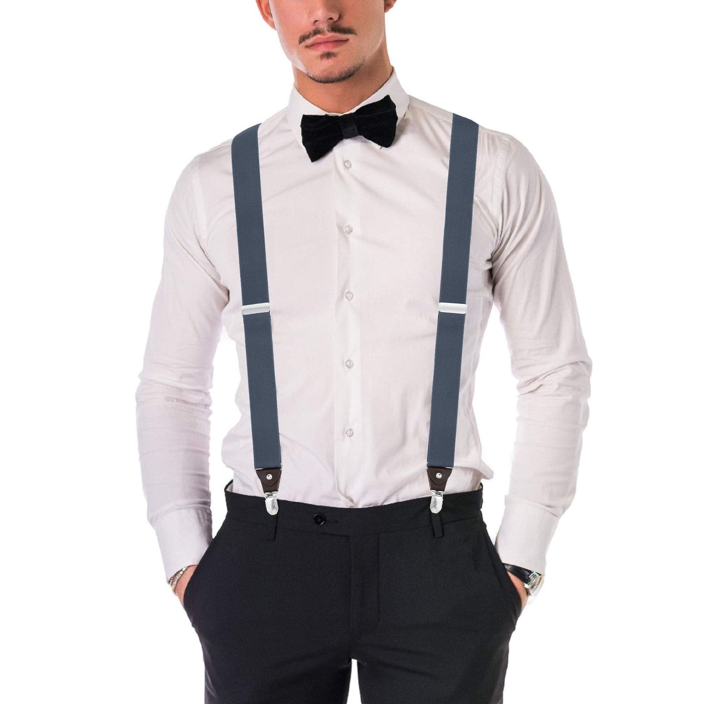 Buyless Fashion Suspenders for Men - 48" Elastic Adjustable Straps 1 1/4" - Y Shape - 5103-Denim-Blue