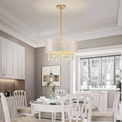 4-Lights Drum Capiz Shell Crystal Chandeliers, Coastal Style Pendant Light Fixture for Dining Room, Living Room, D16 x 20~67"(Adjustable), Shell Lampshade & Gold Finish